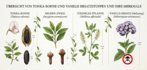 2026 Erik Seidel, foodadvisorblog 🔴 WICHTIGER SICHERHEITSHINWEIS ZUR GRAFIK: Während Tonka-Bohne, Nelke und Steinklee (in Maßen) kulinarisch genutzt werden können, ist das Heliotrop (Die Vanilleblume) ganz rechts auf der Grafik hochgradig giftig! Sie enthält lebertoxische Pyrrolizidinalkaloide. Sie dient der Industrie rein als Duft-Inspiration (Heliotropin) und darf niemals in der Küche verarbeitet oder verzehrt werden!