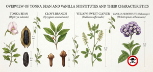 2026 Erik Seidel, foodadvisorblog 🔴 CRITICAL SAFETY NOTICE REGARDING THIS INFOGRAPHIC: While Tonka bean, clove, and sweet clover can be used in culinary applications (with proper moderation), the Heliotrope (Vanilla Substitute) on the far right of the graphic is highly toxic! It contains severe liver-damaging pyrrolizidine alkaloids. It serves the flavor and perfume industry purely as a scent and chemical inspiration (heliotropin) and must never be used in cooking or consumed under any circumstances!